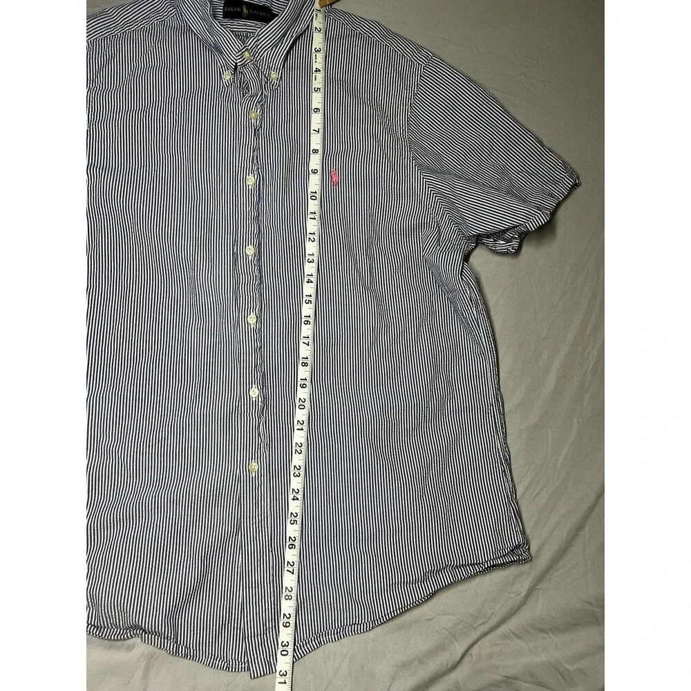 Ralph Lauren Shirt Mens XL‎ Blue White Stripe Seersucker Short Sleeve Pink Pony